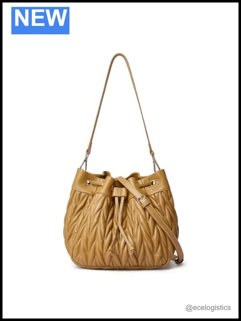 Lambskin Leather Quilted Drawstring Bucket Purse Shoulder Handbag Two Straps